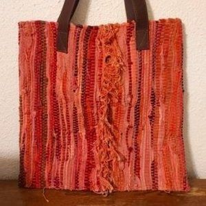 Warm Fall Colors Fabric Woven Handbag with Leather Straps